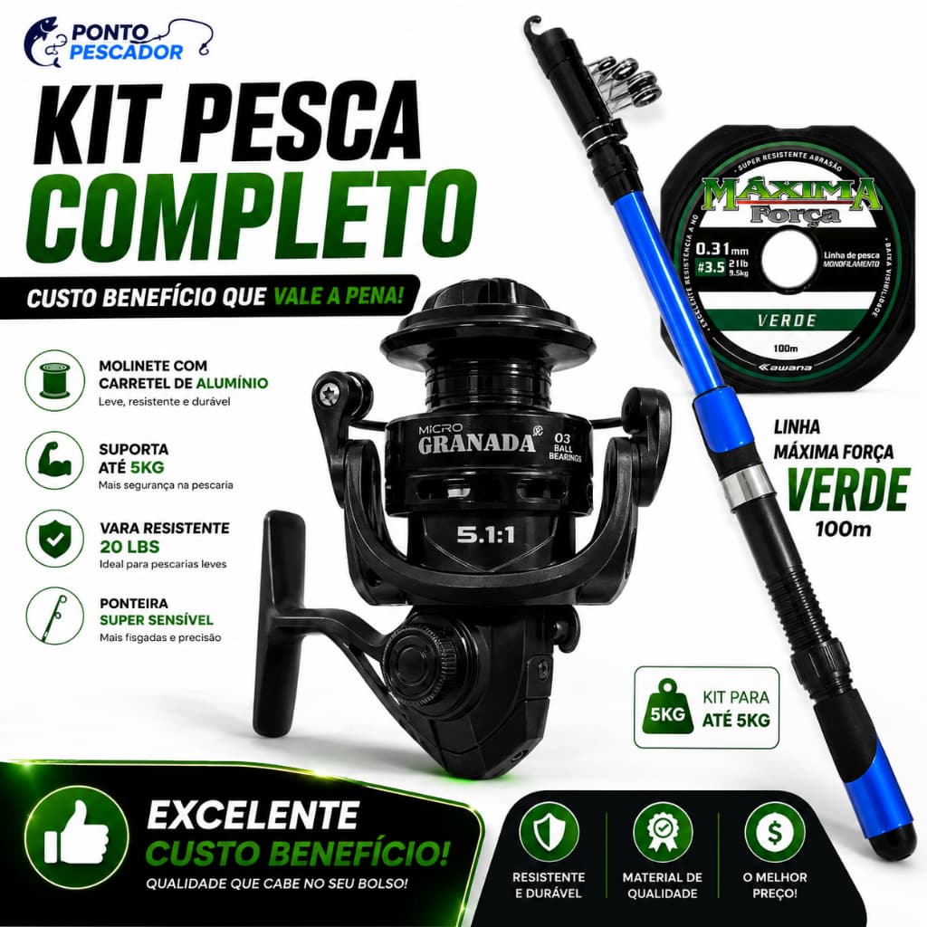 Kit De Pesca Leve 5 KG Molinete Carretel Aluminio+ Varinha 1,70m+ 100m Linha