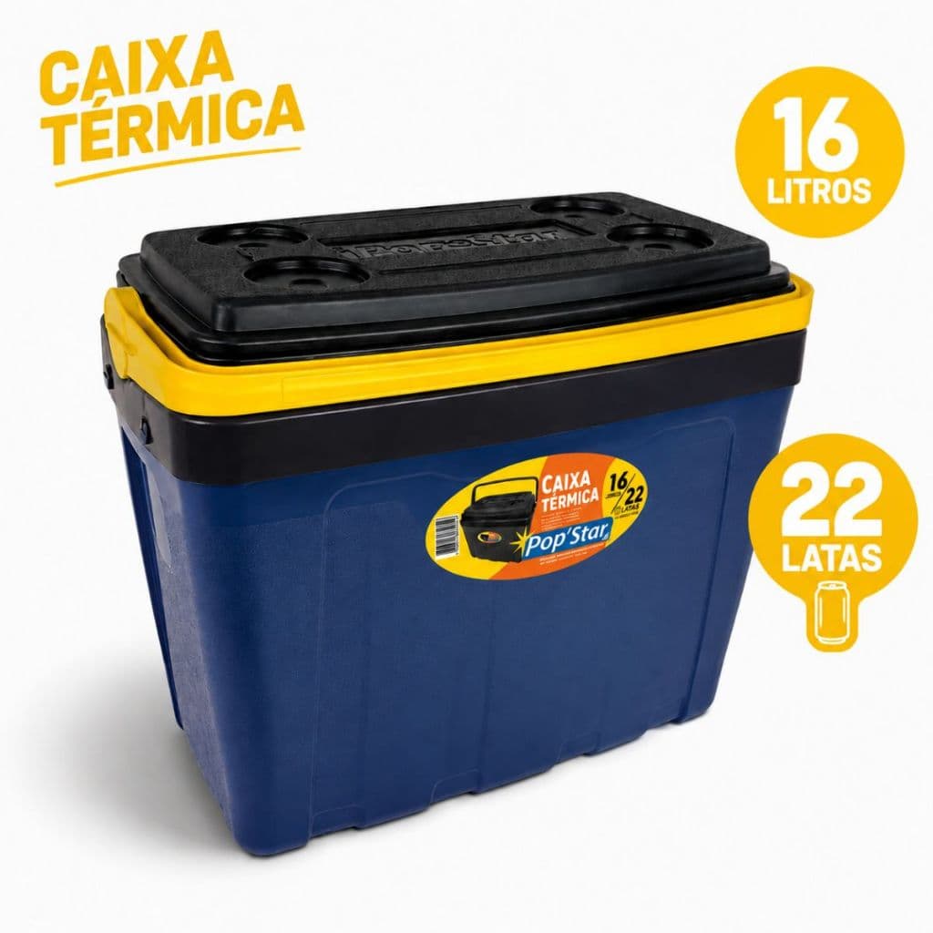 CAIXA TÉRMICA 16 LITROS COOLER POP STAR - 22 LATAS TAMPA COM PORTA COPOS