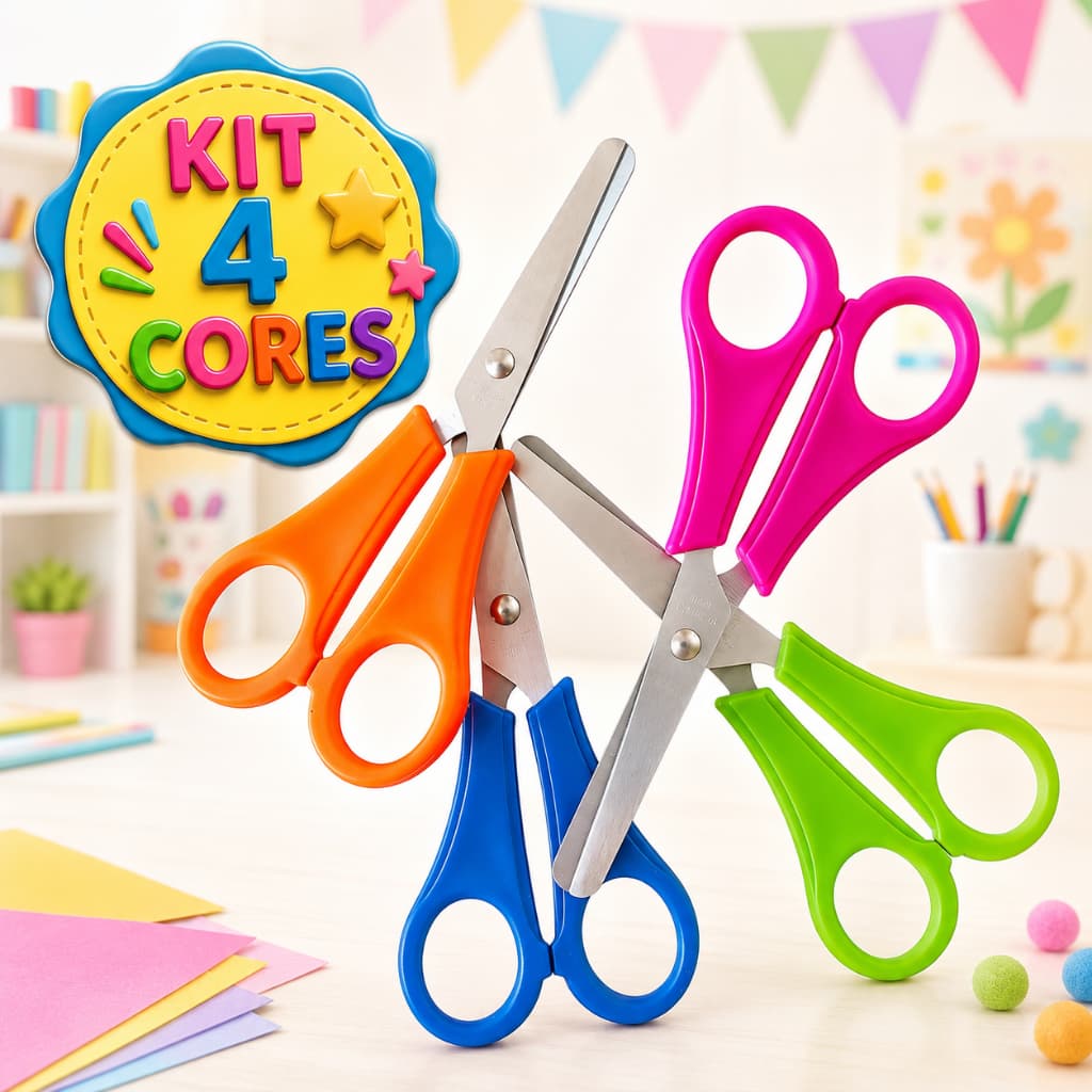 Kit 4 Tesouras Sem Ponta Infantil Coloridas para Crianças Recorte Papel Pré Escola Papelaria Material Escolar 13cm Kids