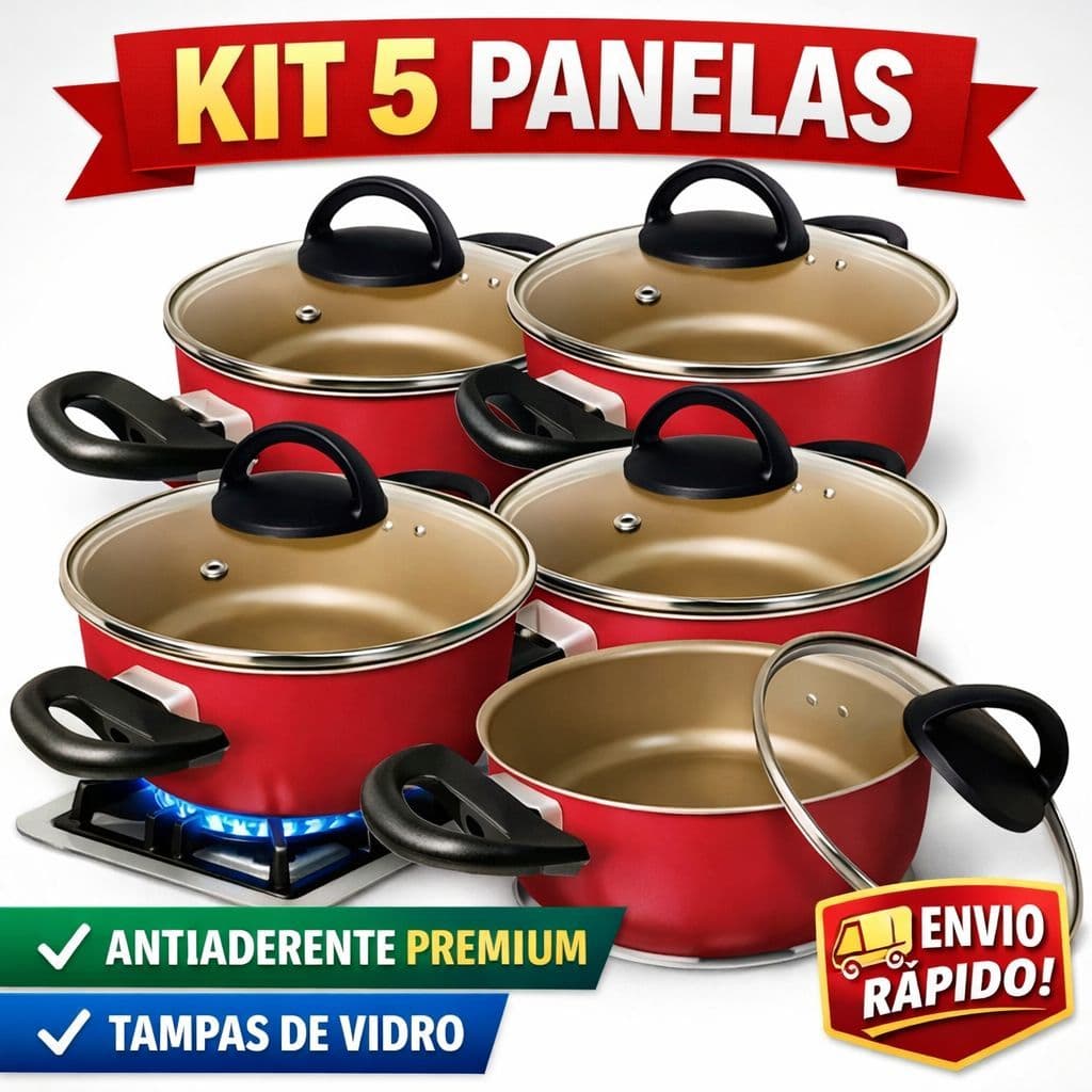 Jogo de Panelas Antiaderente 5 Peças com Tampa de Vidro | Não Gruda | Cozinha Moderna