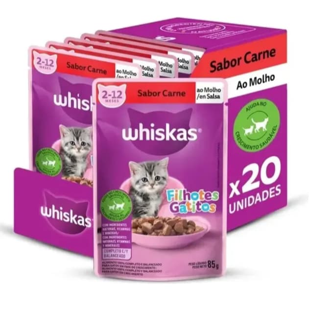 Ração Úmida Whiskas Sachê Carne ao Molho para Gatos Filhotes - 20 Unidades de 85g