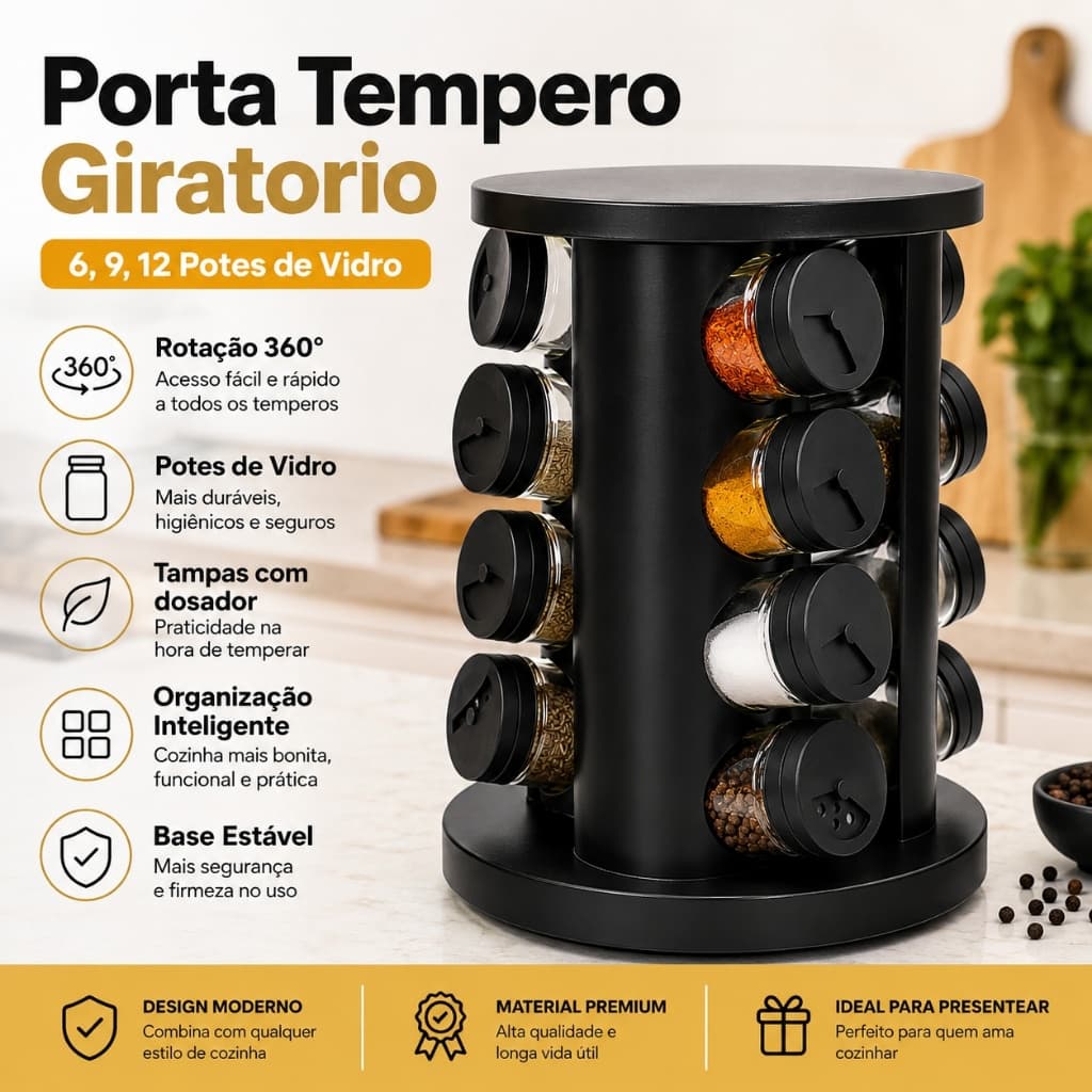 Porta Temperos Giratório 360 Graus 6, 9 ou 12 Potes de Vidro Organizador Cozinha Tampa Dosadora