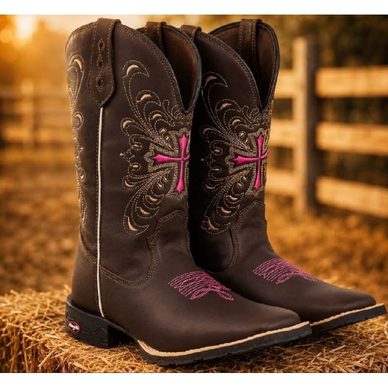 Bota Texana Feminina Country Bordada  com detalhes Rosa