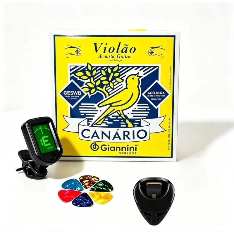 Kit Encordoamento Violão Aço Giannini Canário 0.11 + Afinador Digital + Porta Palhetas + 6 Palhetas