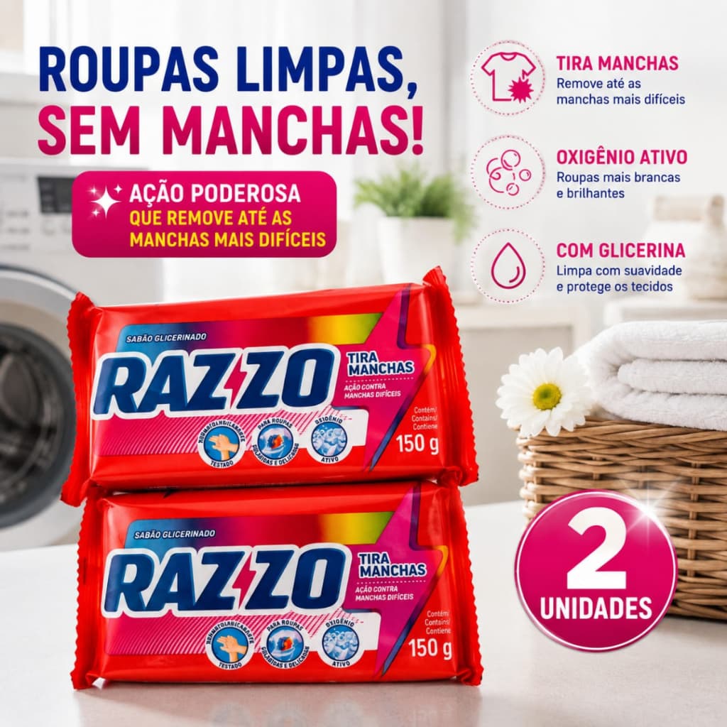 Sabão Glicerinado em Pedra Razzo Tira Manchas 150g – Limpeza Poderosa com Oxigênio Ativo