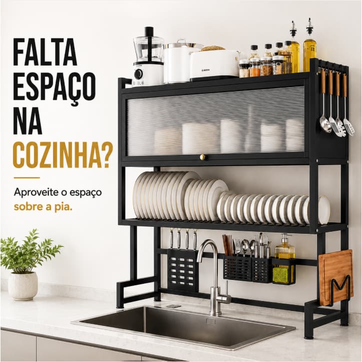 Escorredor de Louças Sobre Pia Organizador de Cozinha Multifuncional em Aço Carbono
