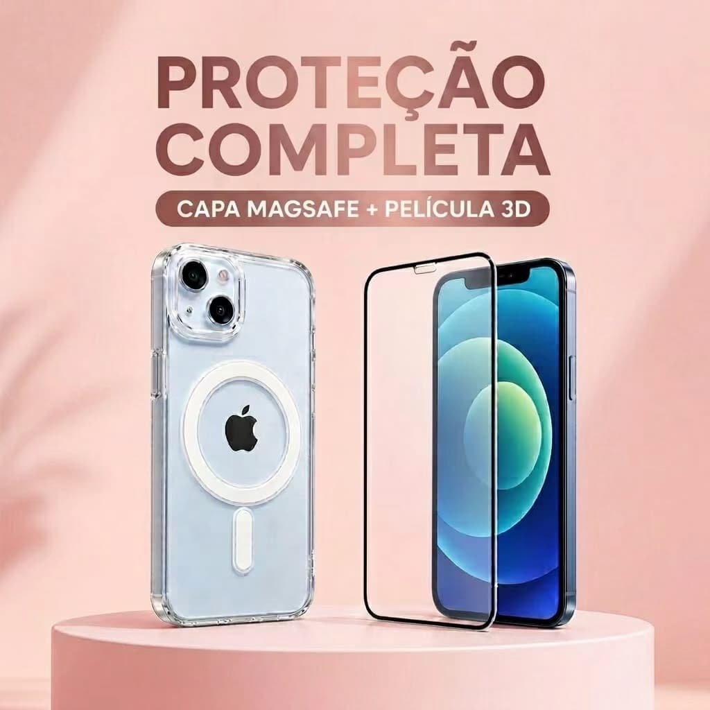 Kit Capinha MagSafe Transparente Magnética Anti‑Choque + Película Vidro Temperado 3D para iPhone 11‑17 Pro Max Plus