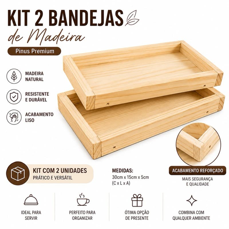 kit 2 bandejas café da manhã, bandeja madeira, organizador