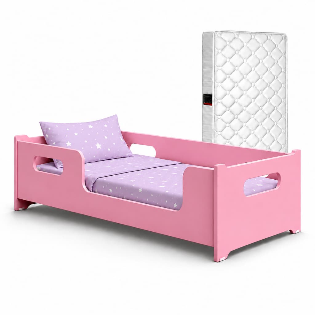 Mini Cama Infantil Montessoriana Encanto Com Colchão Incluso e Grade Protetora Estilo Encanto Rosa MDF Quarto Menina