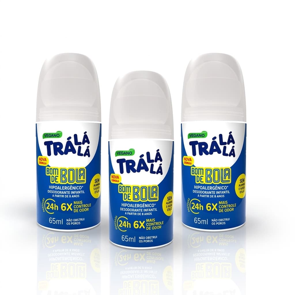 Desodorante Infantil Kit com 3 Roll on Trá Lá Lá Kids Bom de Bola Sem Álcool e Sem Alumínio 65ml