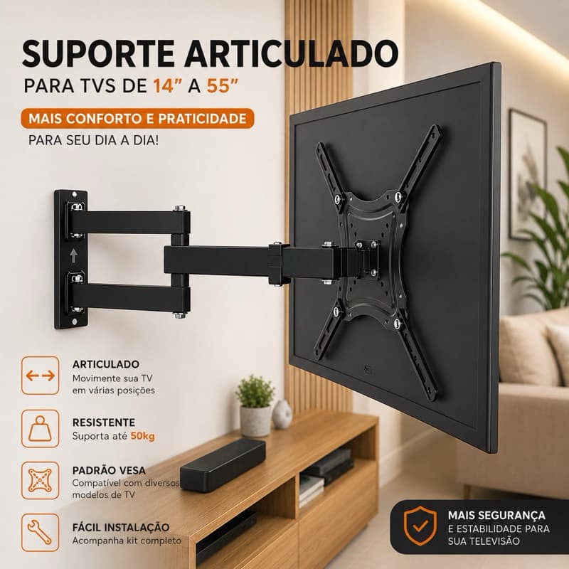 Suporte Articulado para TV 14 a 55 Polegadas | Smart TV, LED, LCD, Plasma e Monitor | Universal e Reforçado