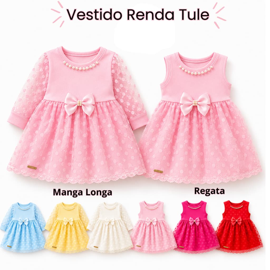 Vestido Renda Bebe Menina Tule Verão e Inverno Festa Luxo Manga Princesa e Regata 0 a 6 meses Varias Cores