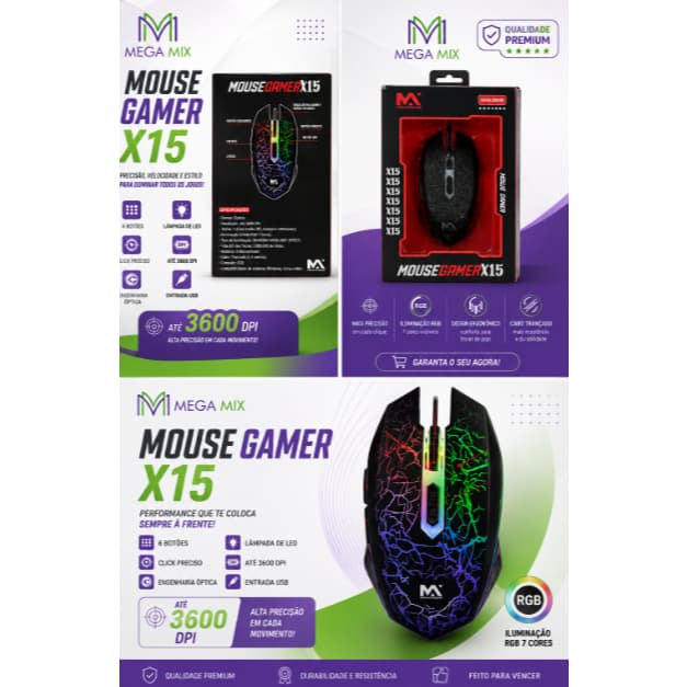 Mouse gamer Modelo X15, MAXMIDIA Com DPI ajustavel até  3.600