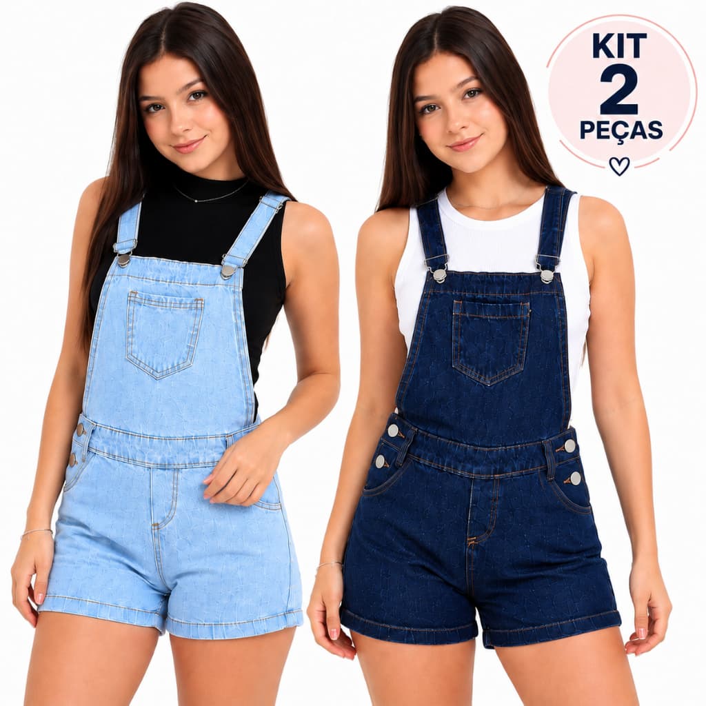 Kit 2 Jardineiras Short Jeans Juvenil Menina Macaquinho 10 ao 16