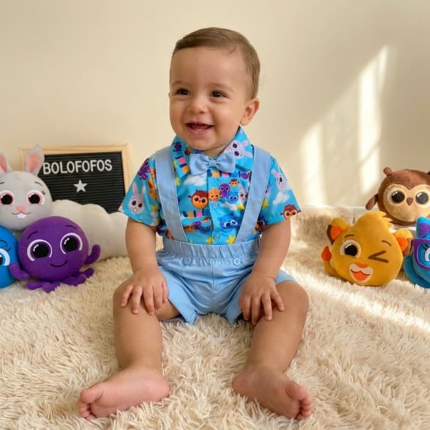 Roupa do Bolofofos Conjunto Suspensório Menino Roupa de Aniversário