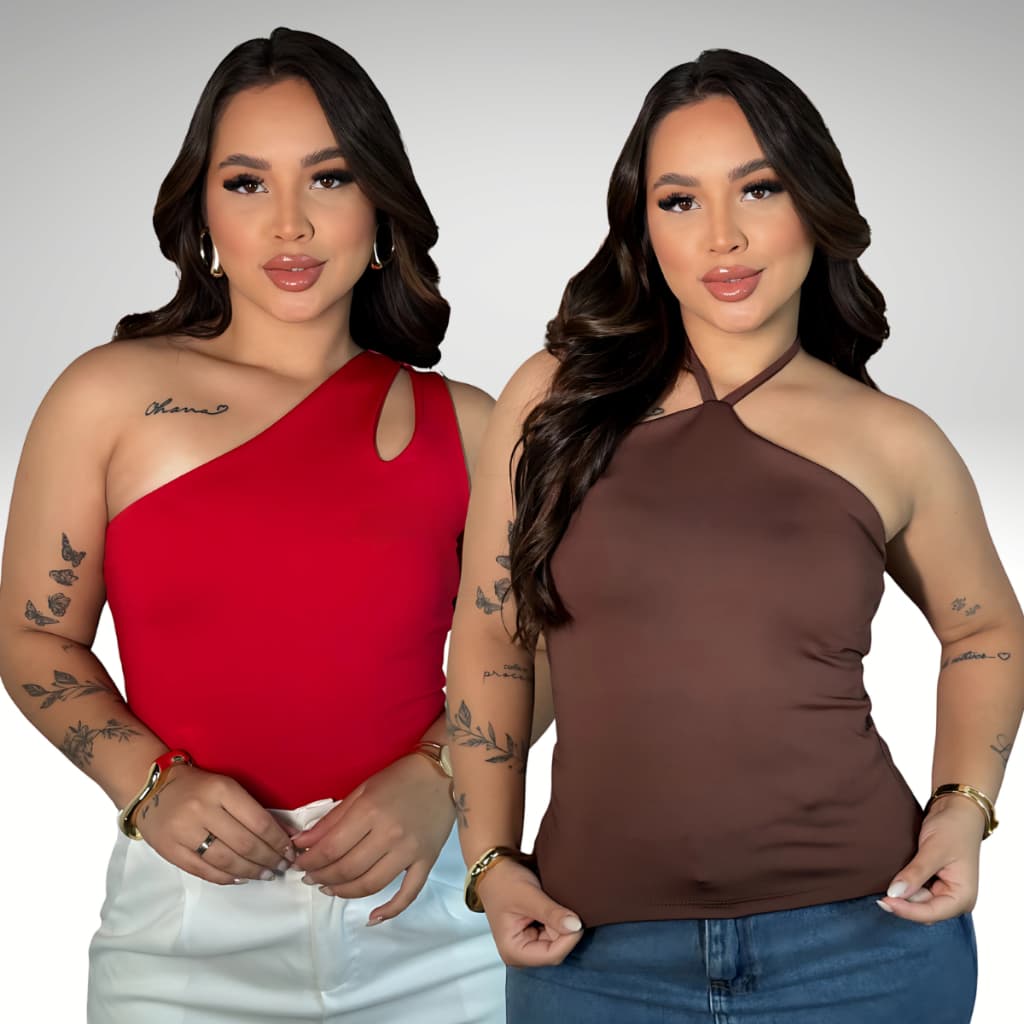 kit 2 Blusas Feminina Básica Um Ombro Só Alça Assimétrica e Blusa Frente Única Elegante