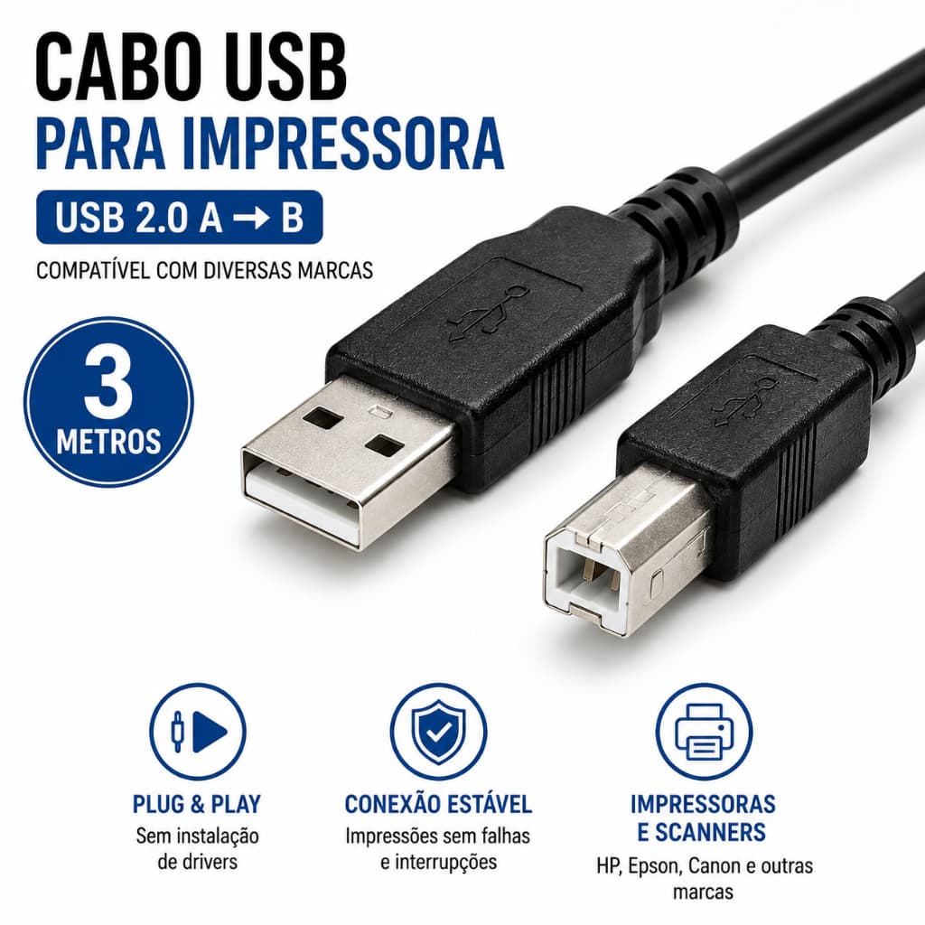 Cabo USB Impressora 3 Metros A/B 2.0 HP Epson Canon Scanner