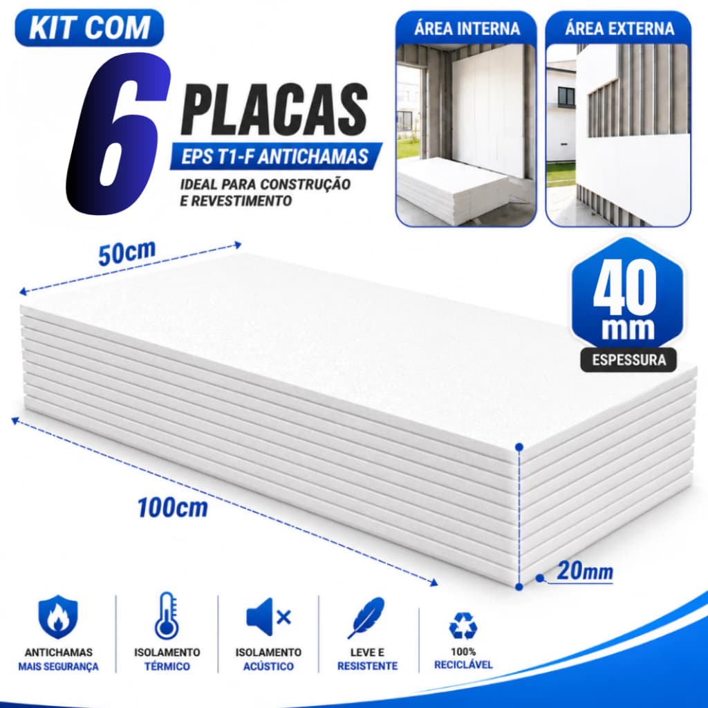 KIT 6 PLACAS EPS ANTICHAMAS 40 MM (4 CM) PARA FORRO TÉRMICO ACÚSTICO - ENVIO IMEDIATO