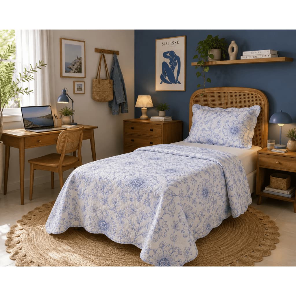 Kit Colcha 2 Peças Cama Solteiro Floral Cobre Leito Matelado com Fronha
