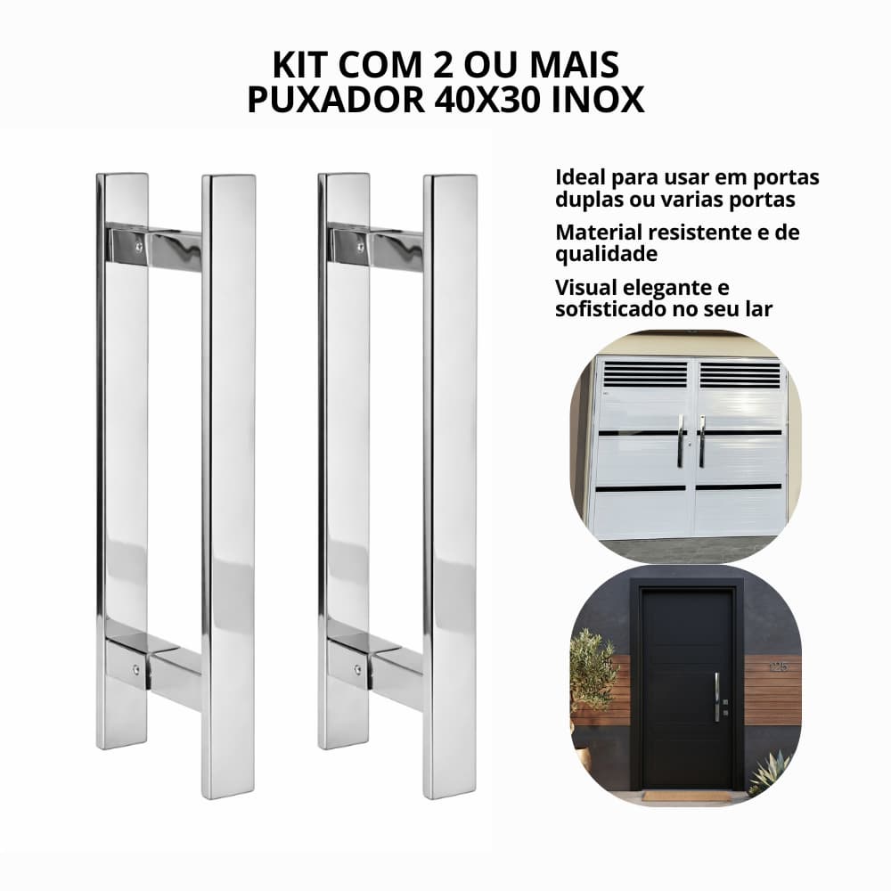 Kit puxador inox 40cm - 30cm entre furos - ate 4 un - para portas madeira, alumino, vidro, porta dupla