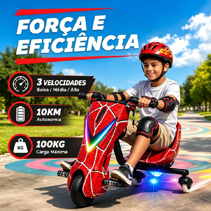 Triciclo Elétrico Drift Infantil 350W, Luz LED, Bluetooth, 3 Velocidades, Kart Infantil com Kit de Proteção