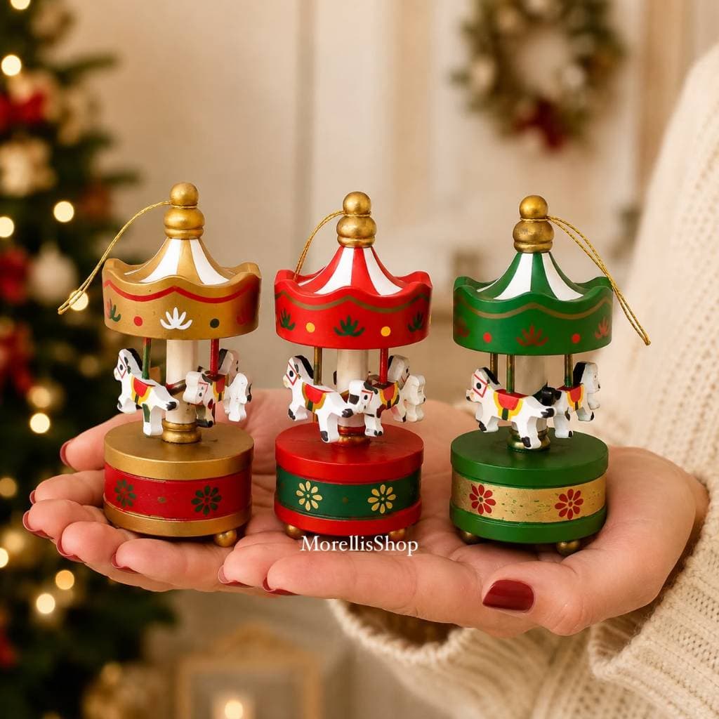 Kit 3 Enfeites de Natal Mini Carrossel de Madeira Decorativo Natalino Arvore De Natal Feliz Natal
