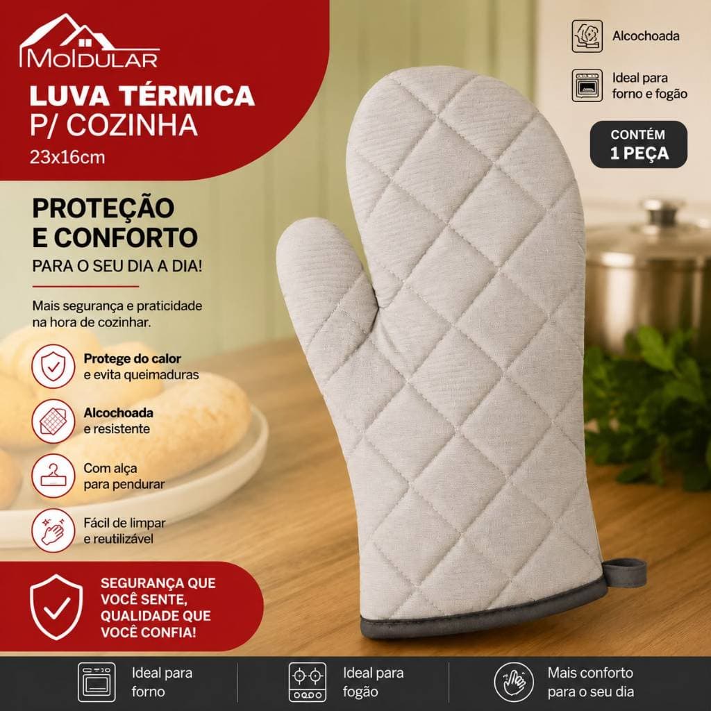 Luva Térmica para Cozinha Acolchoada Modular 23 x 16 cm – Proteção para Forno e Fogão