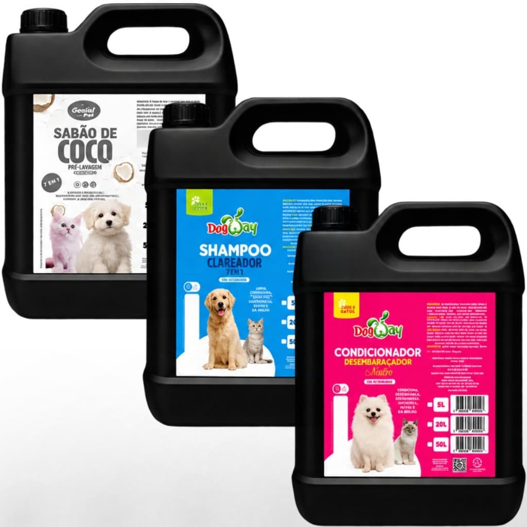Kit 15L Banho Pet Shop Sabonete Coco 5L + Shampoo Dog Way 5L + Condicionador 5L Genial Pet