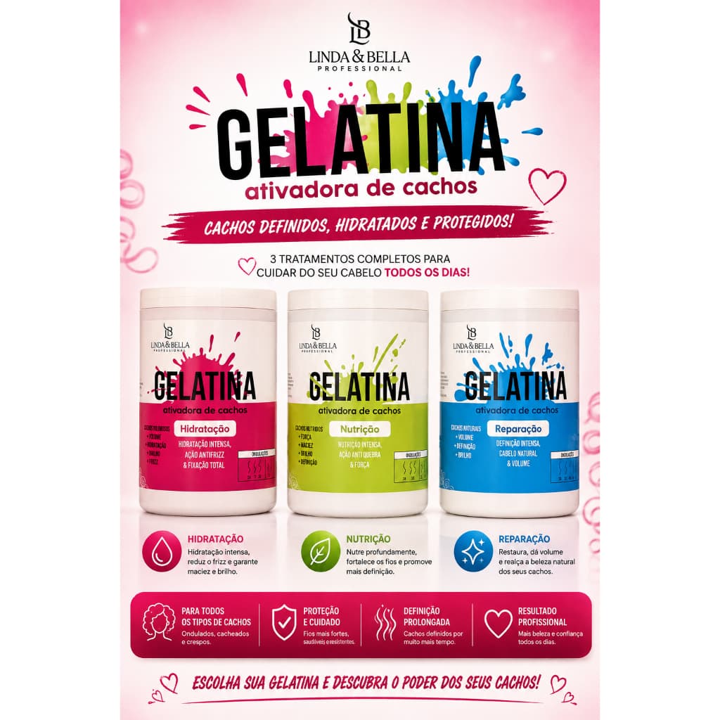 Gelatina Ativadora De Cachos 1Kg Linda&Bella Reparação Cachos Transição