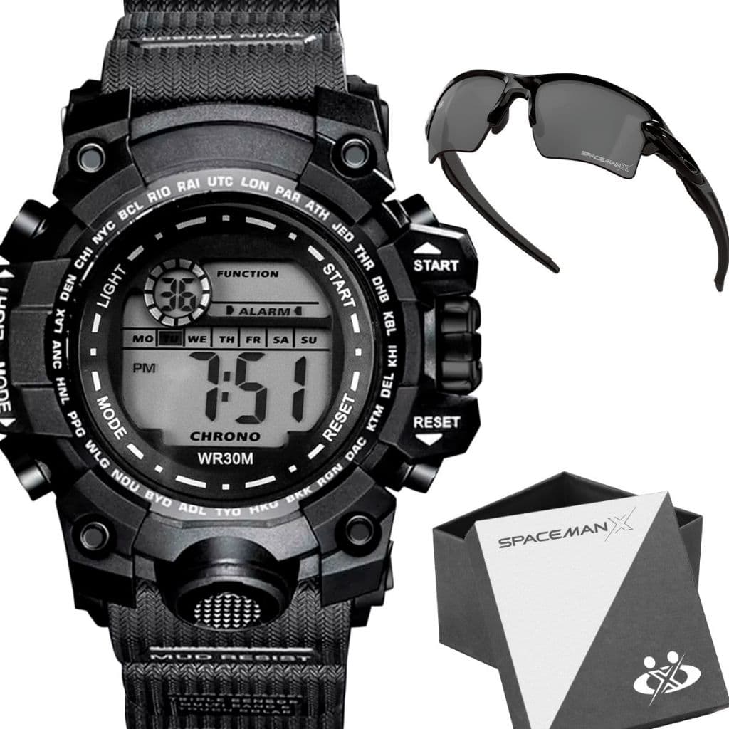 Kit Relógio Masculino Digital à Prova d'Água com Óculos de Sol Black Piano Proteção UV e Caixa