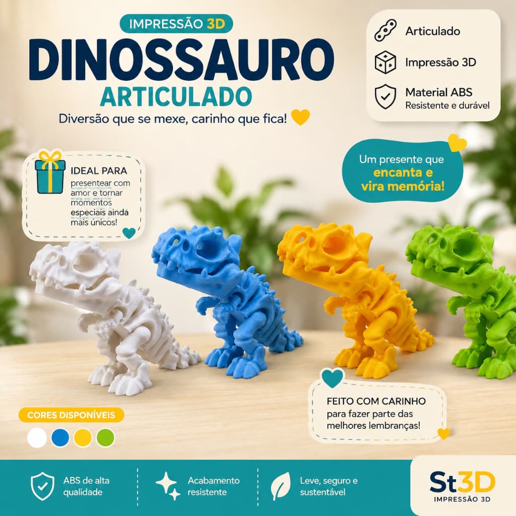 Dinossauro Articulado Esqueleto Impressão 3D em ABS – Presente Criativo e Fofo