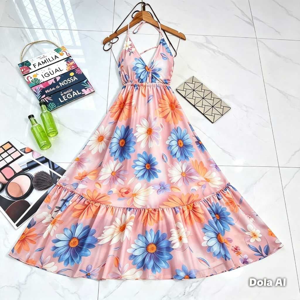 Vestido Longo Floral  Feminina 3D Alça Halter Elegante Verão Feminino tamanho único (36a44)