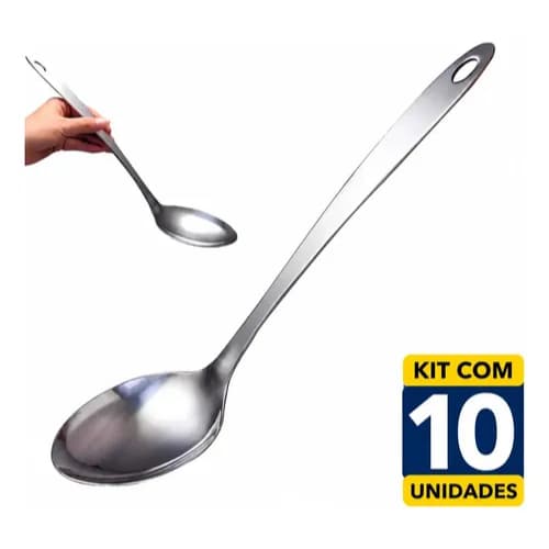 Kit 10 Colheres Servir Em Aço Inox Profissional Grande 33cm Reforçada Para Restaurante Buffet Self Service