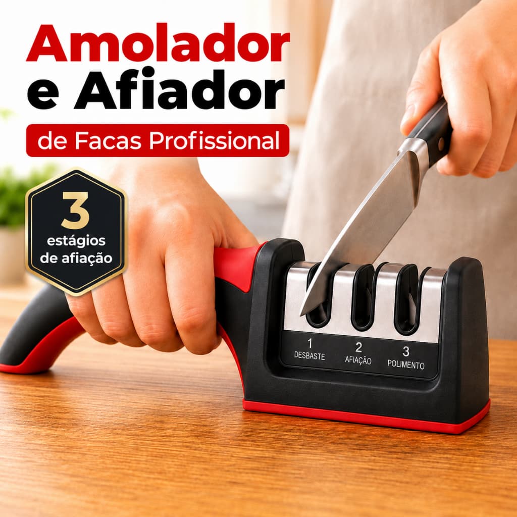 Amolador e Afiador de Facas 3 em 1 Profissional Inox Afia Fácil