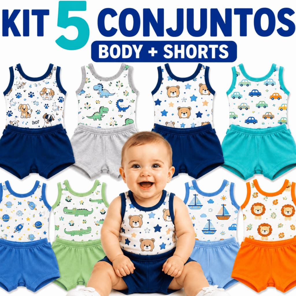 Kit 5 Conjunto Bebê Menino Body Regata + Short Canelado 100% Algodão Roupa Bebê Verão RN P M G