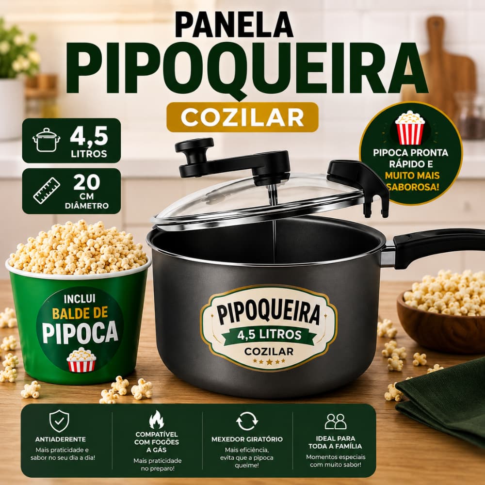 Panela Pipoqueira 4,5 Litros com Balde Pipoca Mexedor Giratório Tampa de Vidro Antiaderente 20cm