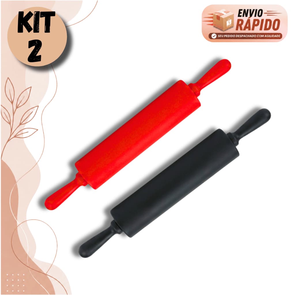 Kit Rolo Para Abrir Massa Silicone 32cm Grande Antiaderente Macio Pães Massas Pizza Pastel Biscuit Preto