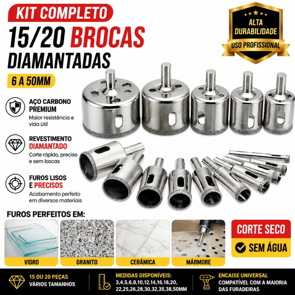 Jogo 15/20 Brocas Diamantadas Serra Copo furar Vidro Granito Ceramica 6 a 50 mm kit ferramentas