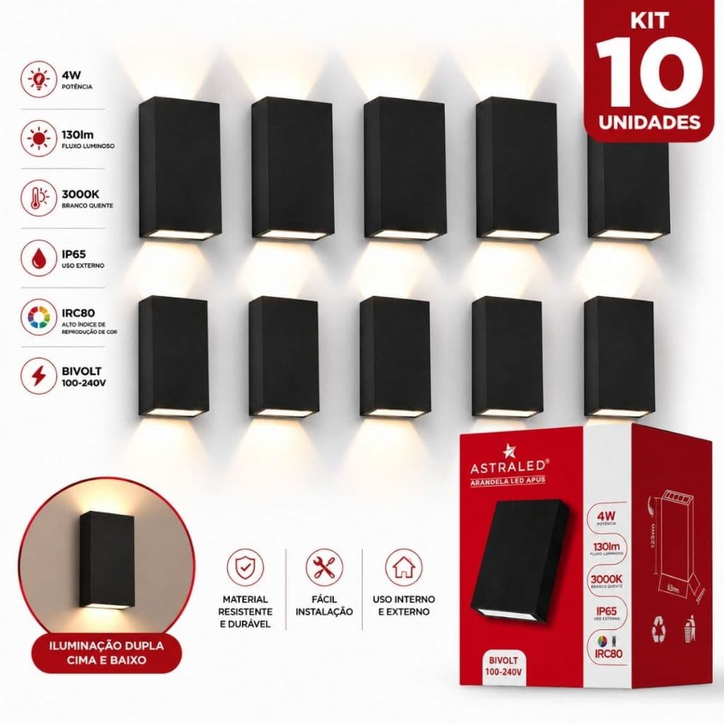Kit 10 Arandela Led 4W Duplo Facho Parede Muro Externa IP65 3000K Bivolt