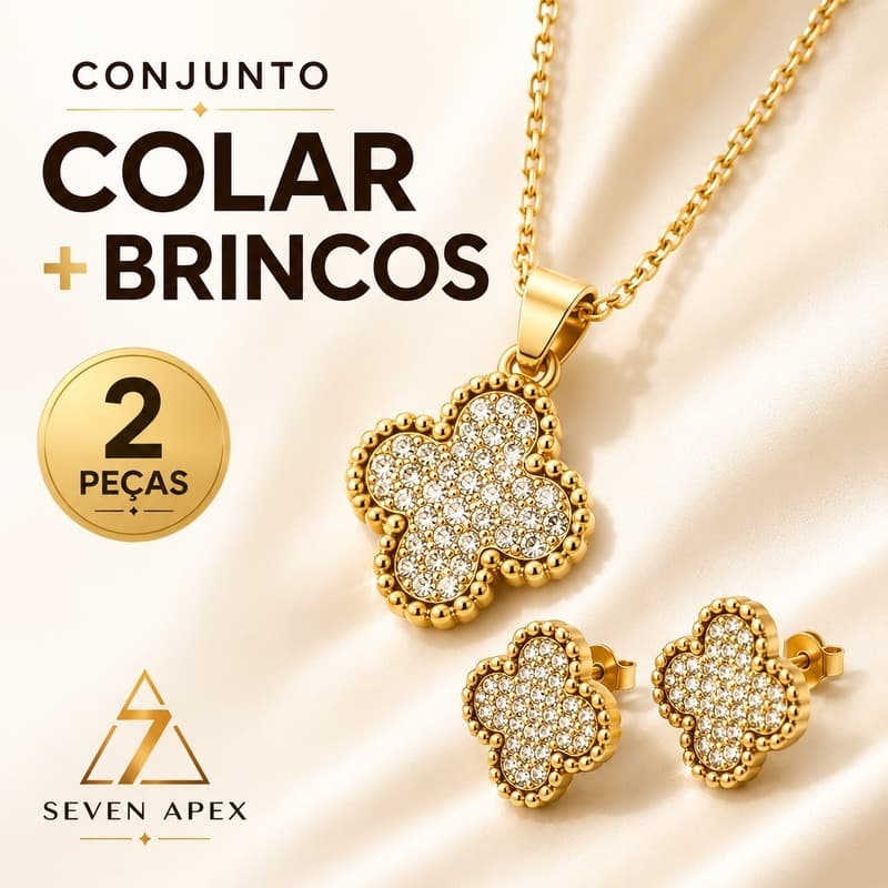 Conjunto Feminino Colar e Brincos Trevo Cravejado Dourado Delicado Presente Feminino