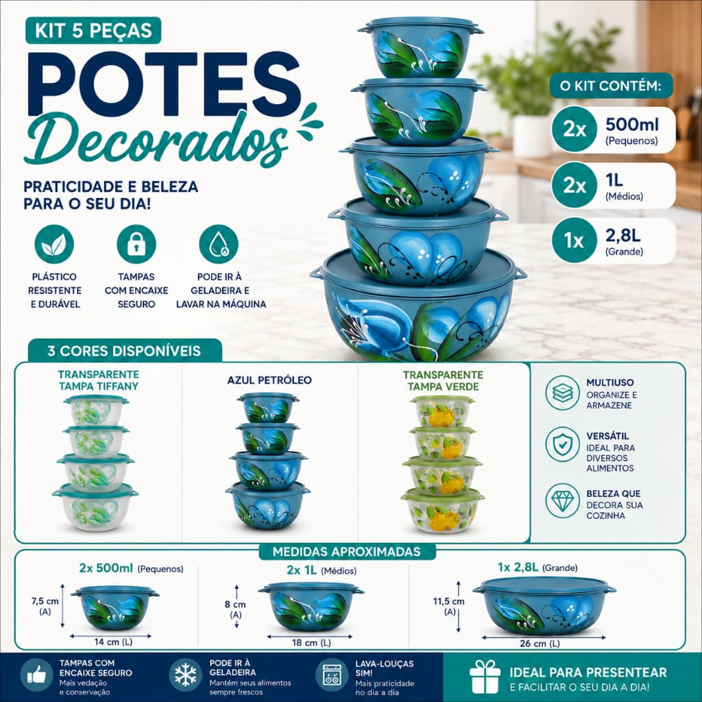 Kit 5 Potes Decorados com Tampa 500ml 1L e 2,8L – Potes para Mantimentos, Alimentos e Organização de Cozinha