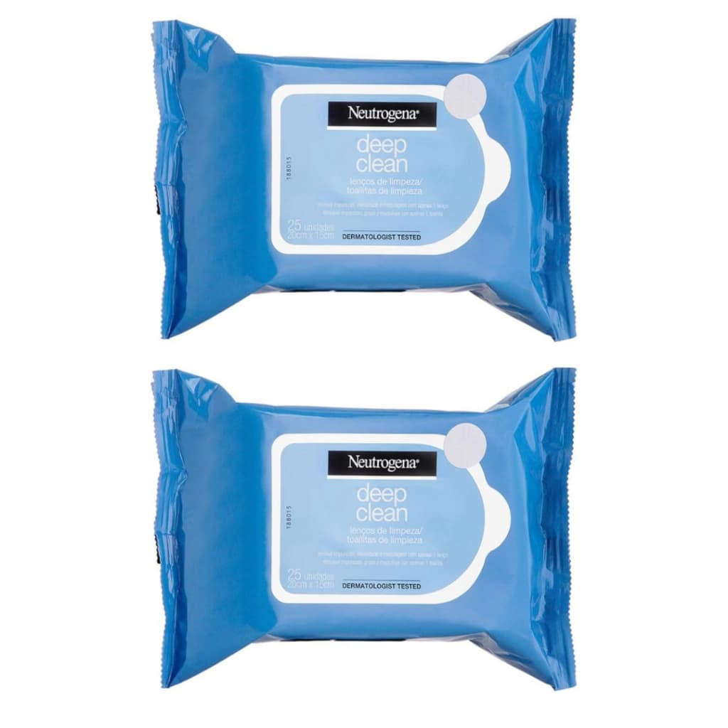 Lenço Tira Maquiagem Neutrogena Deep Clean 25 Fatias - Ideal P/ Viagem e Academia