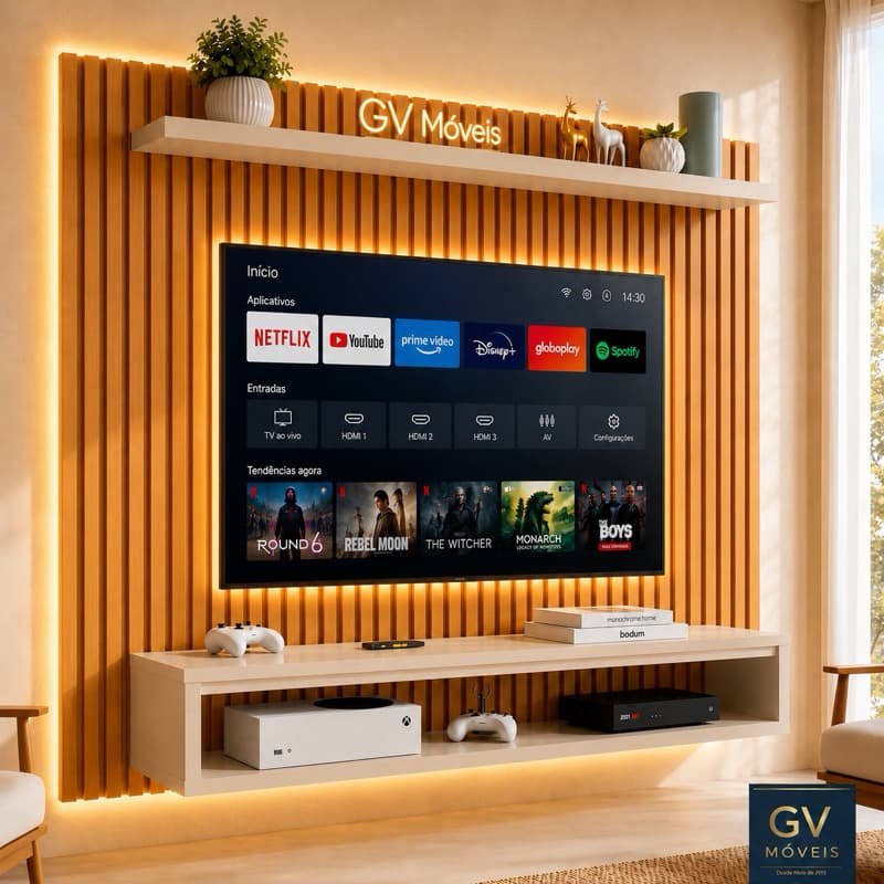 Painel para TV Até 60 Polegadas FOX 140 cm Ripado 3D - Prateleira e Nicho Amplo para Sala ou Quarto