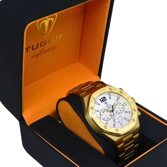 Relógio Cronógrafo Masculino de Aço Tuguir Analógico Infinity GCS-1271 Dourado e Branco (Resistente à água 5ATM,Vintage)