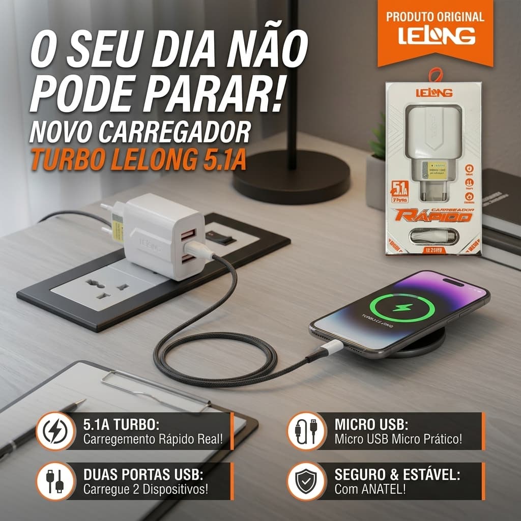 Carregador Turbo Lelong 5.1A 2 USB com Cabo Integrado Original