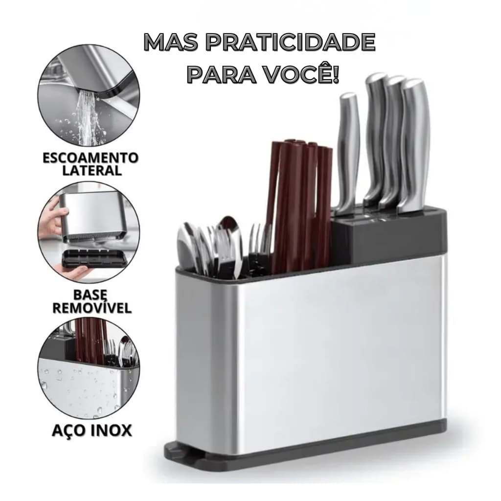 Porta Talheres e Facas Inox Organizador Multiuso de Bancada com Divisórias Escorredor de Talher Cozinha Pia Organizada