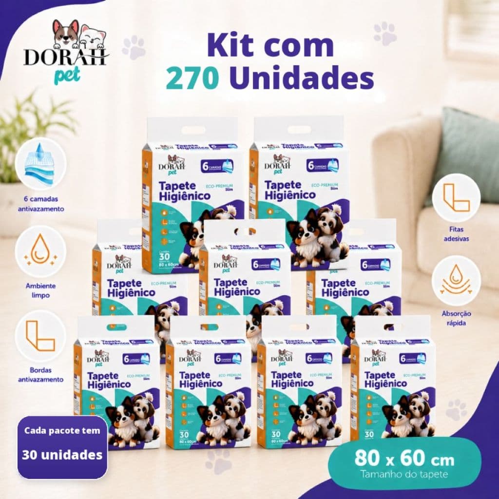 270 Tapete Higiênico 80x60cm Dorah Pet Eco Premium Slim 6 Camadas Antivazamento, Rápida Absorção (9x30 Unidades)