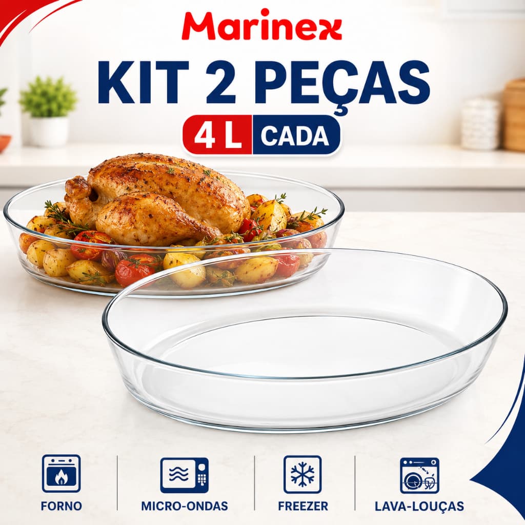 Kit 2 Assadeiras Oval Clássica Marinex 4L em Vidro Refratário Assadeira para Forno Lasanha e Assados Travessa