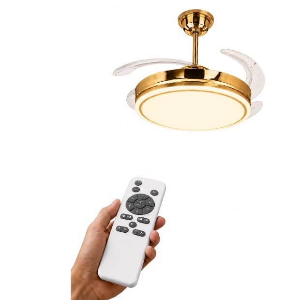Ventilador De Teto Dourado Com Iluminação Led E27 3 Cores Velocidade De Vento Ajustável Com Controle Remoto FS-01