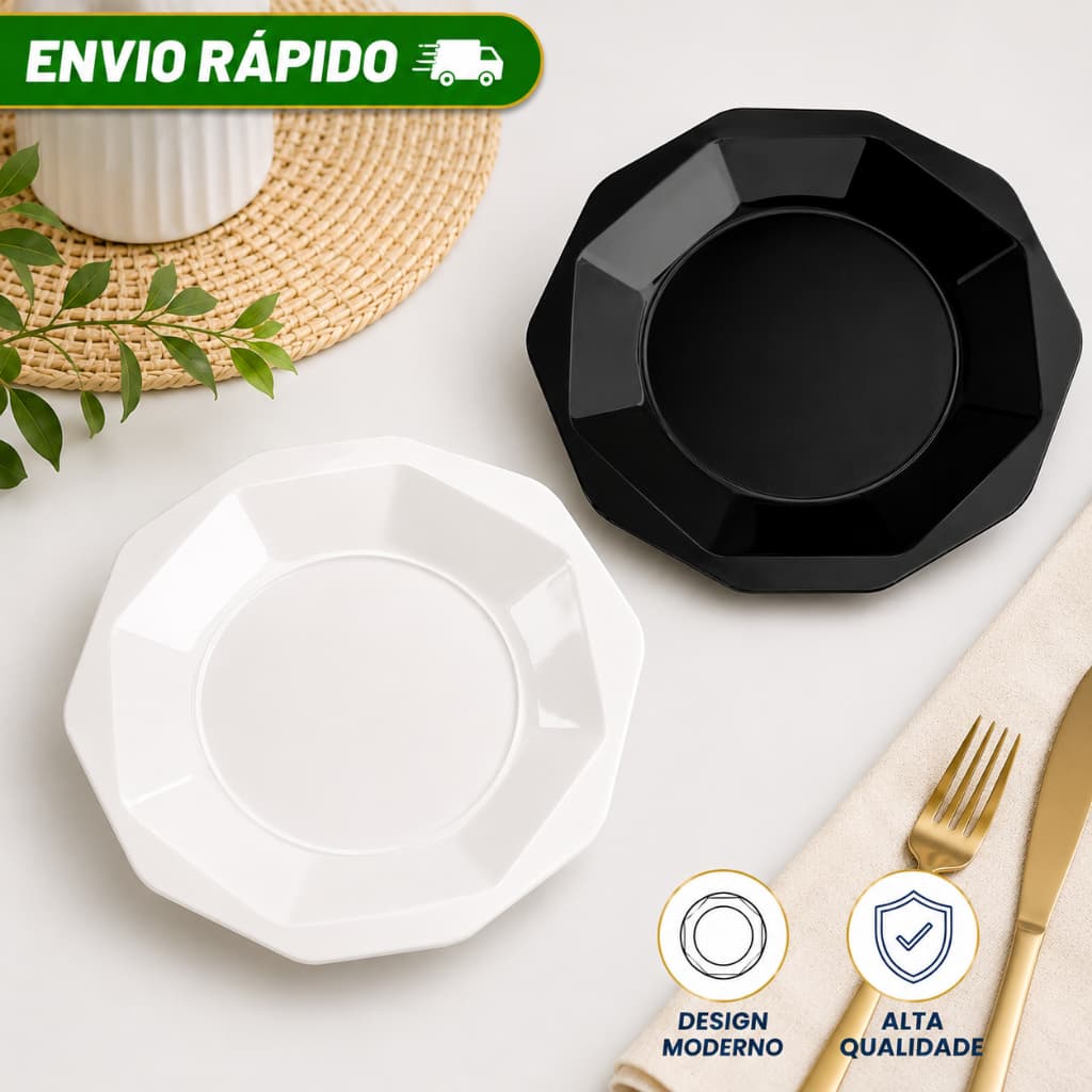 Kit Prato Plástico Oitavado 25cm Resistente PP Para Refeição Churrasco Porções Micro-ondas Lava-Louças